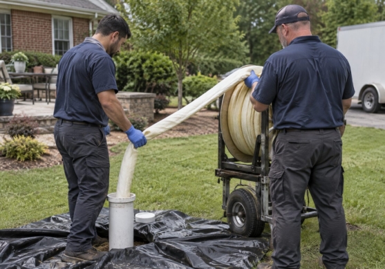 Two technicians feeding a resin-saturated CIPP liner from a reel into a backyard sewer cleanout, with the lawn and landscaping left intact