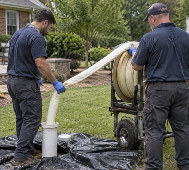Two technicians feeding a resin-saturated CIPP liner from a reel into a backyard sewer cleanout, with the lawn and landscaping left intact