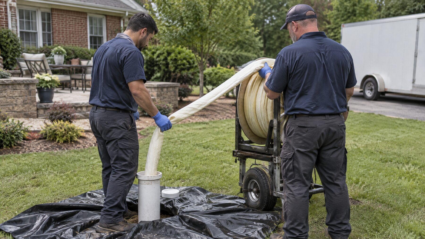 Two technicians feeding a resin-saturated CIPP liner from a reel into a backyard sewer cleanout, with the lawn and landscaping left intact