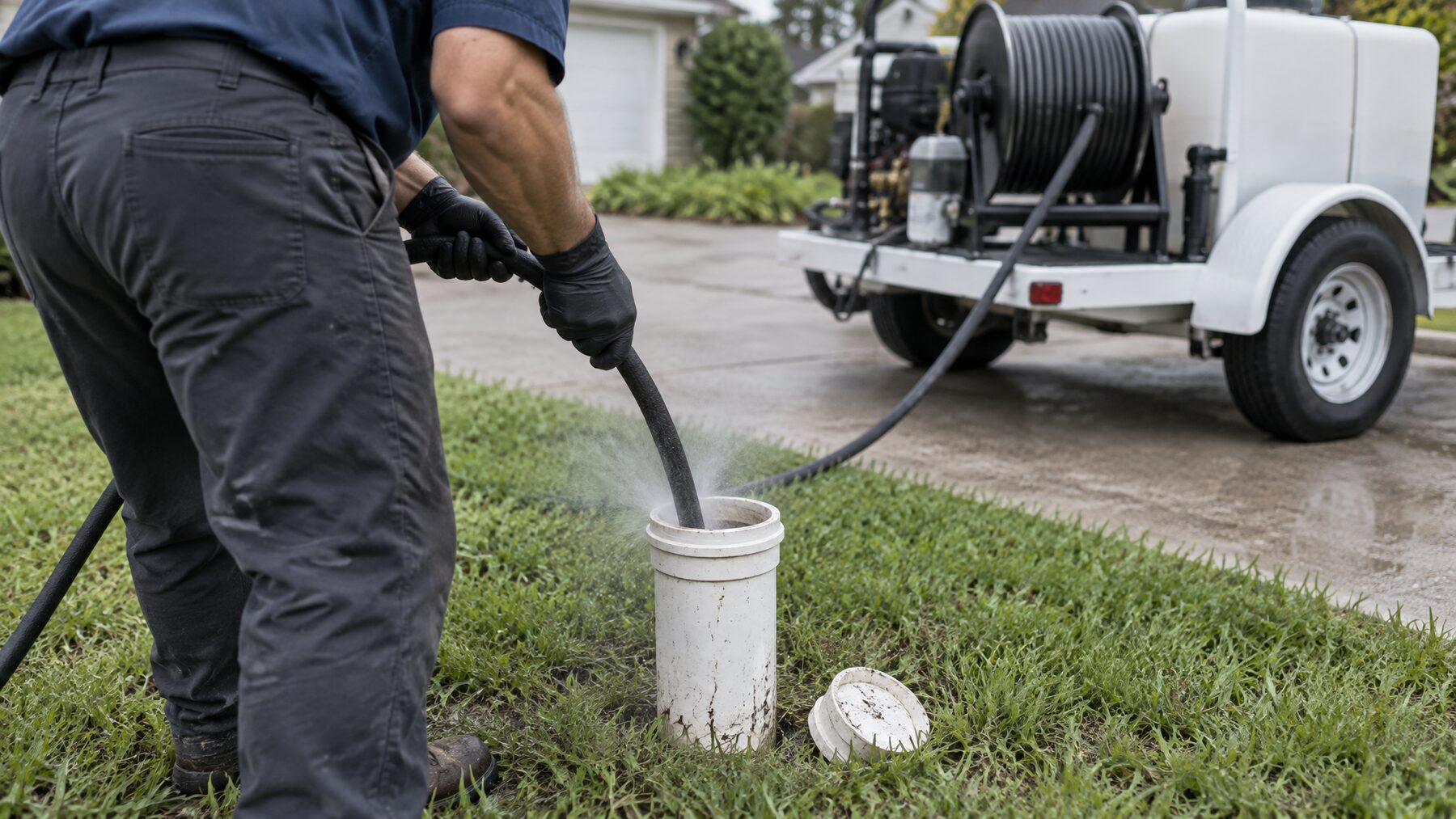 Technician guiding a hydro jetting hose into a residential sewer cleanout to clear the line before lining