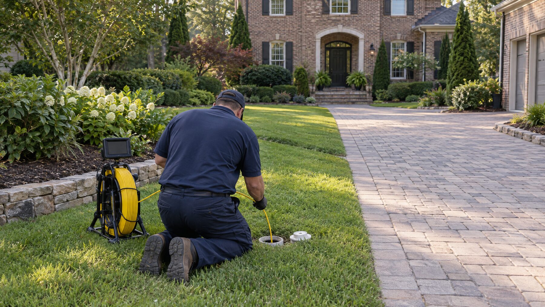 Technician feeding a sewer inspection camera into a lawn cleanout beside a paver driveway, with no digging