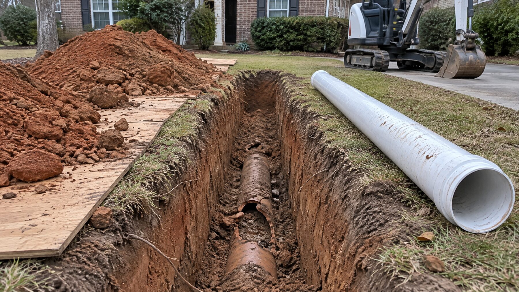 Open trench exposing a broken clay sewer pipe, with a new PVC pipe waiting beside it for a traditional replacement